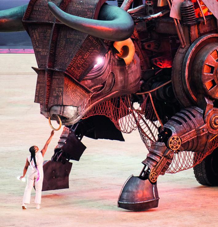 The Commonwealth Games opening ceremony performance, featuring a large mechanical bull